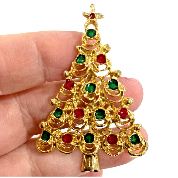 Vintage Christmas Tree brooch goldtone metal pin red green gold enamel festive - Picture 8 of 8